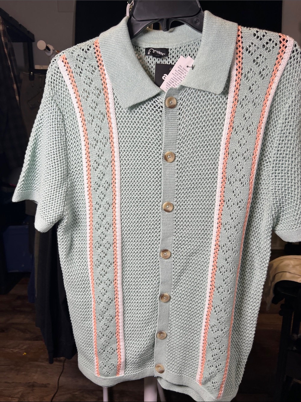 art class Mint Green Short-Sleeve Button Knit Polo with Coral Stripes